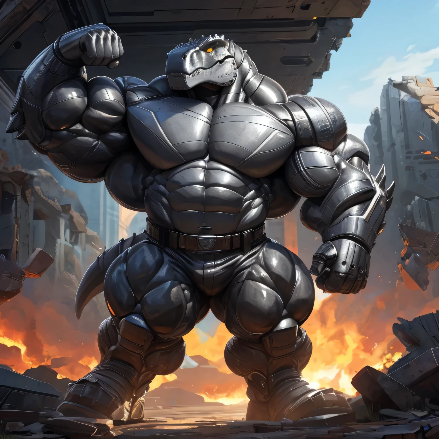 An anthropomorphic badass robot cybernetic dinosaur (realistic, detailed, american shot, aesthetic physique, aesthetic proportions, 3 meters tall, very tall, metallic body, grey metallic body, the most muscular possible, the most bigger as possible, very thick large massive oversized muscles, very strong body, very broad body, large broad shoulders, very broad-shouldered, very large, very broad shouldered, very massive, very thick, very muscular, very large muscles, very thick large oversized chest muscles, very thick muscles, very massive muscles, muscle mountain, massive physique, well-built body, dinosaur head (metallic Tyrannosaurus-Rex head, bright yellow glowing cybernetic eyes, dark grey metallic skin) dark grey metallic skin, black stripes, wears a futuristic grey armored pant, wears futuristic black military boots, wears a grey iron belt, flexing the right arm) standing, puffing his chest out, flexing the right arm,looking at the other from the height of his size in futuristic post-apocalyptic fortress ruins.
