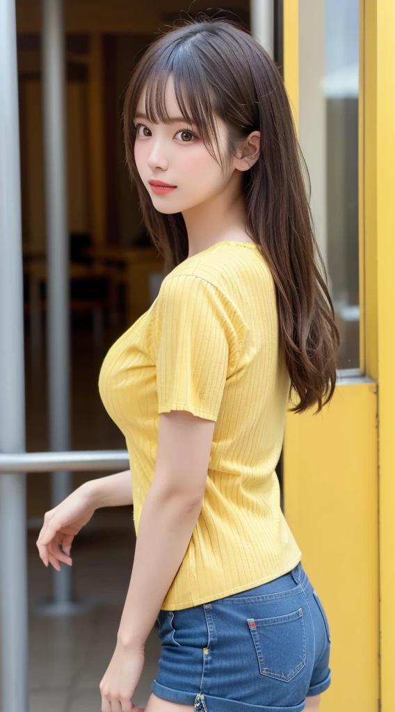 (limbless:1.1), full body,
(8k, best quality, masterpiece:1.2), (realistic, photo-realistic:1.37), front lighting,(bokeh:1.2),ultra high res, professional lighting, physically-based rendering,
one girl, 1girl, (solo:1.3), thin, (slim waist),
(beautiful face, beautiful eyes, perfect female figure),
wearing yellow Velvet lace-up blouse with silk ribbon and long sleeves, (long sleeves), wearing orange flared jeans with frayed hem, wearing red statement earrings with chandelier, mouth closed, (shy),
(large breasts:1.2937923309813693), (indoors, bedroom),
short hair, red braided updo with twisted bun,
<lora:limblessv54-40:0.7>