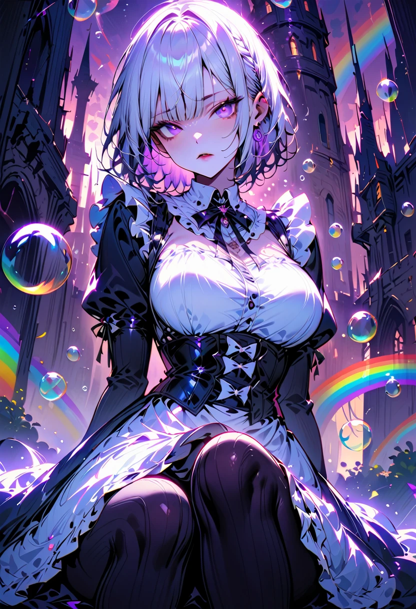 Young beautiful woman,(Best Quality,Extremely detailed depiction,Incredibly absurd high definition,Anatomically accurate,Beautiful legs,Porcelain-like skin),(Black and white gothic maid outfit,Maid Skirt,corset,Black tights),eyelash,(Silver Hair,Purple Eyes,Eyes half closed:1.5,Unfriendly expression,Large Breasts,Glossy black lips:1.5,Heavy makeup),(whole body),background:Castle,Dramatic lighting,Volumetric lighting,Lots of big rainbow colored bubbles:1.5,Soap bubbles,Bubble,Mysterious atmosphere