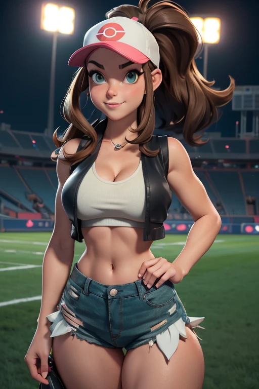 (masterpiece), best quality, expressive eyes, perfect face, front lighting, (pokemon sport stadium at night background), (walking), (cleavage closeup view), (happy face), (1girl, milf, Hilda, brown hair, ponytail hairstyle, long hair, green eyes, hourglass figure, thin body, skinny body, petite_body, large breasts, huge breasts, oppai, wide hips, thick thighs), (white tanktop, black vest, sleeveless, exposed cleavage, croptop, ripped shorts, pokemon hat, visible thong straps, wrist watch),