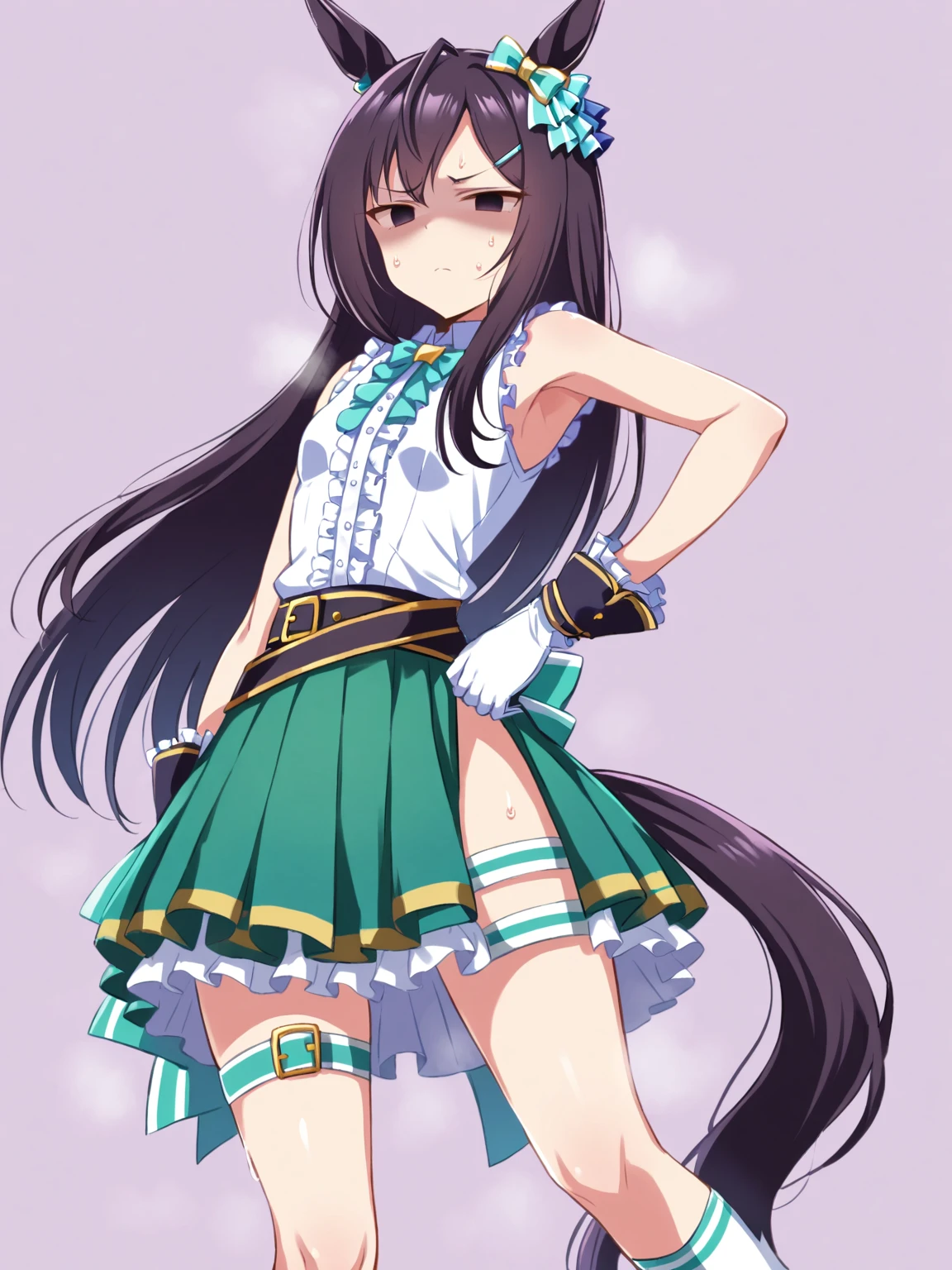 mejiro dober (umamusume),  mejiro dober \(umamusume\),(black hair),pretty face,(empty eyes),(disgust:1.4),(furrowed eyebrows),shaded face,long hair,
1girl, solo,looking at viewer, simple background,anatomically correct,cowboy shot,standing,contrapposto,model posing,(armpit),
animal ears,  ear ornament,horse tail,
white gloves, sleeveless shirt, white shirt, center frills, collared shirt, bare shoulders, belt, pleated skirt, green skirt, thigh strap, kneehighs, white socks, high heels,small breasts,
steaming body,sweat all over