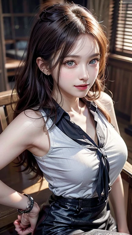 top-quality、8K Masterpiece、超A high resolution、(Photorealsitic:1.3)、Raw photo、女の子1人、Short Bob Hair、Wolfcut、glowy skin、((super realistic details))、portlate、globalillumination、Shadow、octan render、8K、ultrasharp、beauty breast、cold color、、highly intricate detail、Realistic light、CGSoation Trends、Beautiful eyes、radiant eyes、Facing the camera、neon details、((Black shirt))、((red necktie)),ssmile,ssmile