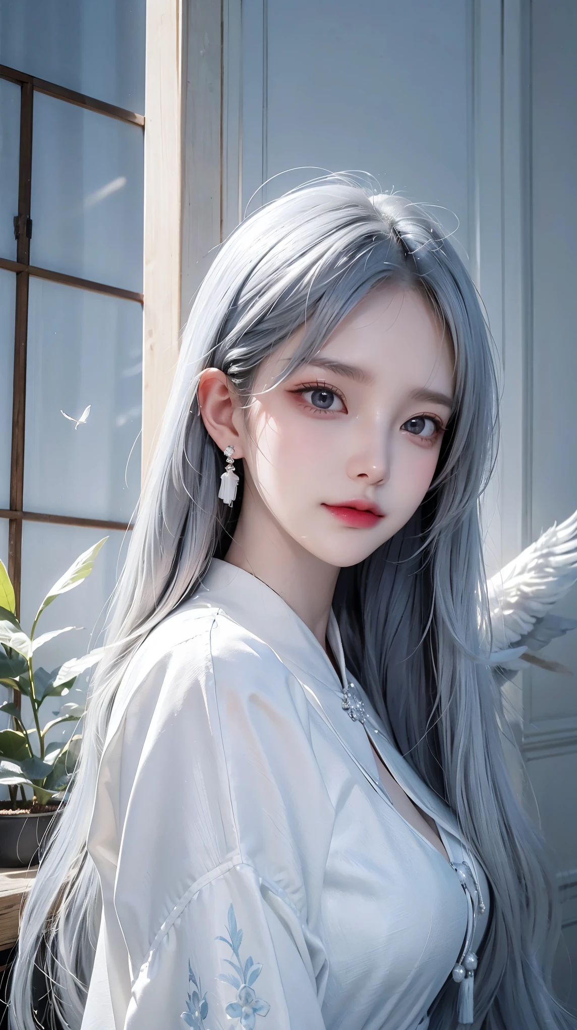 (masterpiece, Best quality:1.2),
Gray blue eyes, White hair, Textured tassels,
portrait, Looking at the audience, Solitary, Upper body, Detailed background, close up, shining (Decorative Art, 20 世纪 20 年代Decorative Art主题:1.1), God of the sky, Sunlight, flight, birds,  Feathers floating in the air, Clouds in the background, Magnificent sacred atmosphere, Bright Light, Holy Aura, bloom,  Holy Light, White clothes,   Arms extended, A beam of light,