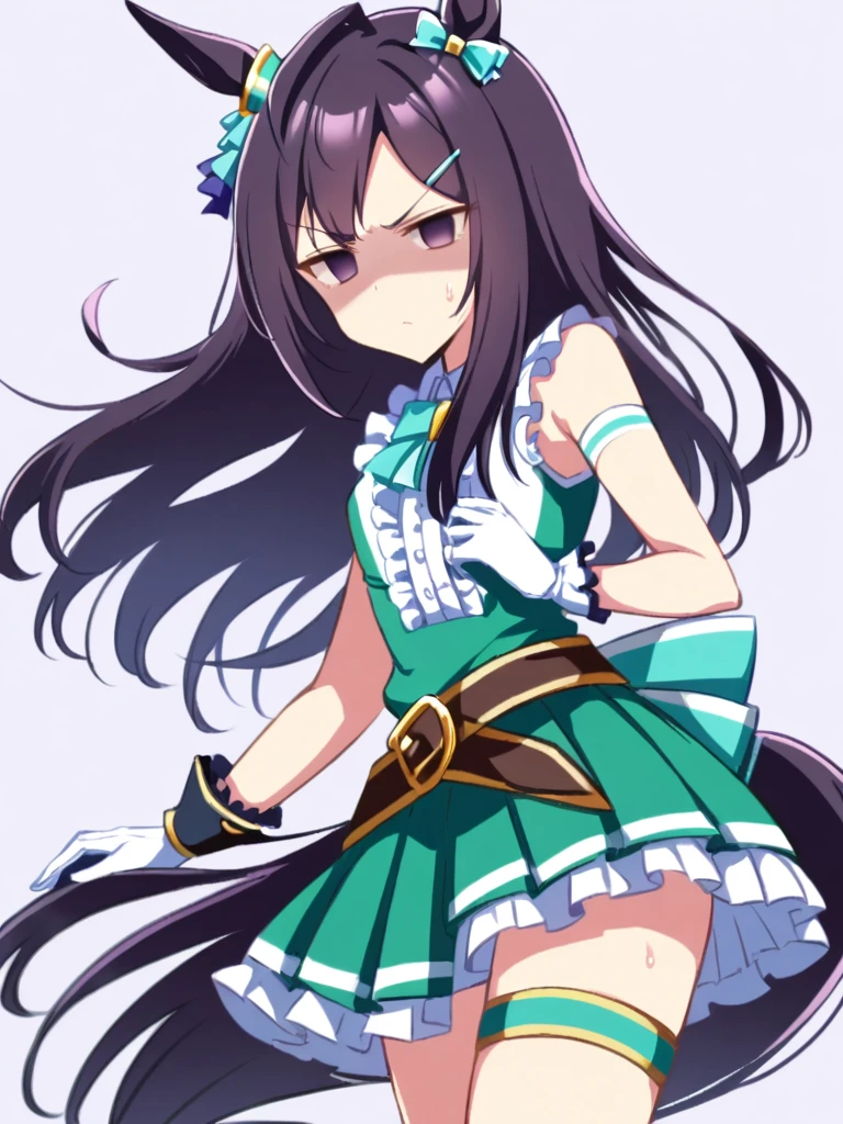 mejiro dober (umamusume),  mejiro dober \(umamusume\),(black hair),pretty face,(empty eyes),(disgust:1.4),(furrowed eyebrows),shaded face,long hair,
1girl, solo,looking at viewer, simple background,anatomically correct,cowboy shot,standing,contrapposto,model posing,(armpit),
animal ears,  ear ornament,horse tail,
white gloves, sleeveless shirt, white shirt, center frills, collared shirt, bare shoulders, belt, pleated skirt, green skirt, thigh strap, kneehighs, white socks, high heels,small breasts,
steaming body,sweat all over