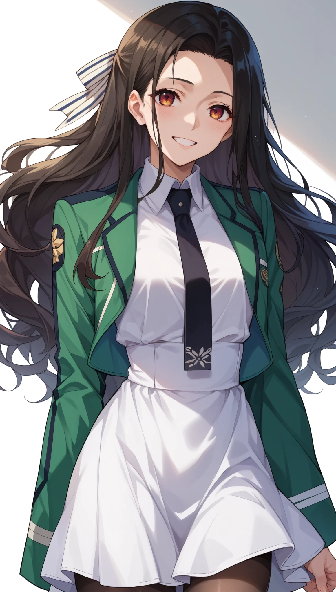 Score_9, Score_8_up, Score_7_up, Score_6_up, Score_5_up, Break Source_anime,Mayumi Saegusa, Long Hair, Medium chest, Striped ribbon, Cropped green jacket, Long sleeve, White Dress, black tie, pantyhose,smile