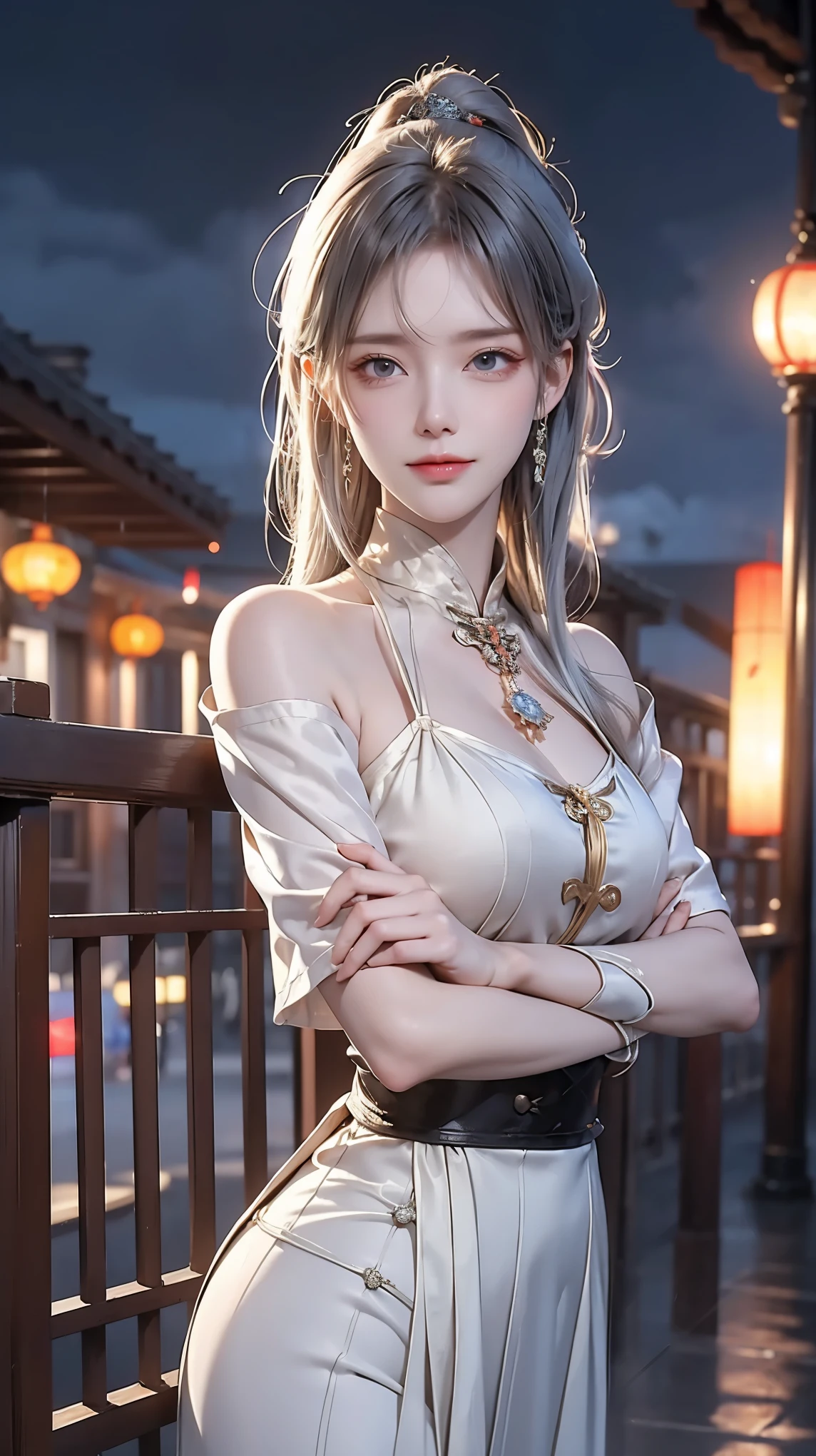 ((masterpiece)),((highest quality)),high resolution,Perfect light,Dusty(future), A woman, , Orange eyes, View your audience, Show your shoulders,White Dress,Large chest, Redhead, Striped hair, White hair, Charming smile, Remove from front, Cowboy shooting, Arms Crossed,1 Girl,Night City,rain,coat,Hands in pockets