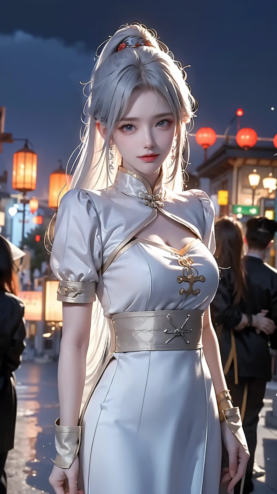 ((masterpiece)),((highest quality)),high resolution,Perfect light,Dusty(future), A woman, , Orange eyes, View your audience, Show your shoulders,White Dress,Large chest, Redhead, Striped hair, White hair, Charming smile, Remove from front, Cowboy shooting, Arms Crossed,1 Girl,Night City,rain,coat,Hands in pockets