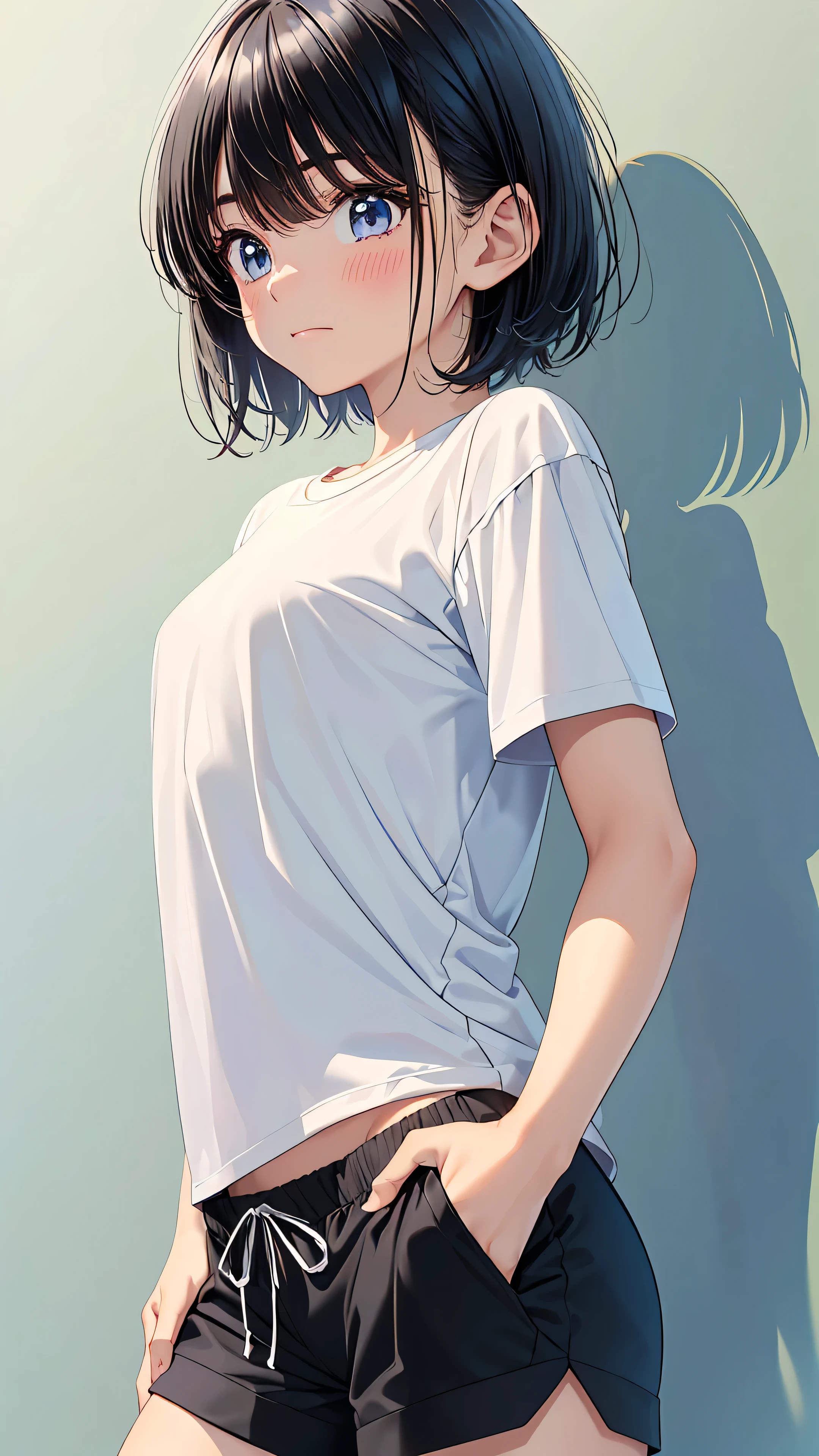1boy, (young boy), handsome, (about ars old), (solo), ((pixie cut hair, short hair)), dark black hair, (detailed eyes), (embarrassed face), ((a light grey loose-fitting t-shirt)), (((Wear spats under your shorts.))), (standing), (masterpiece), 8k, best quality, top quality, (absurd-resolution, highres), ultra detailed, (full color, vivied color), highly sharp detailed, (from front view), looking at me, low angle, cowboy shot, (pelvis focus), simple graywhite background with gradient, (perfect hands, perfect anatomy),