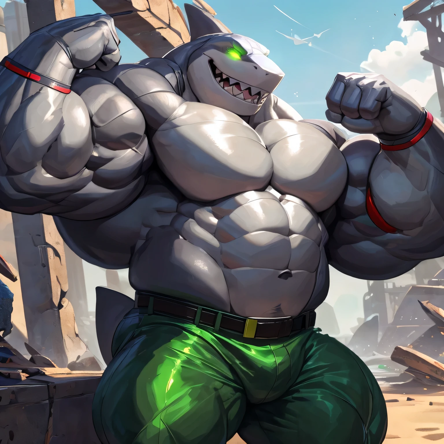 An anthropomorphic badass strongman bodybuilder shark (realistic, detailed, american shot, aesthetic physique, aesthetic proportions, 2.5 meters tall, the most muscular possible, the most bigger as possible, very thick large oversized muscles, very strong body, very broad body, large broad shoulders, very broad-shouldered, very large, very broad shouldered, very massive, very thick, very muscular, very large muscles, very thick large oversized chest muscles, very thick large oversized arm muscles, very thick muscles, very massive muscles, muscle mountain, massive physique, well-built body, shark head (shark head, bright green glowing eyes, grey skin) grey skin, wears a futuristic grey barbarian pant, wears futuristic black barbarian, flexing the right arm) standing, puffing his chest out, flexing the right arm, laughing on the shore with post-apocalyptic ruins.