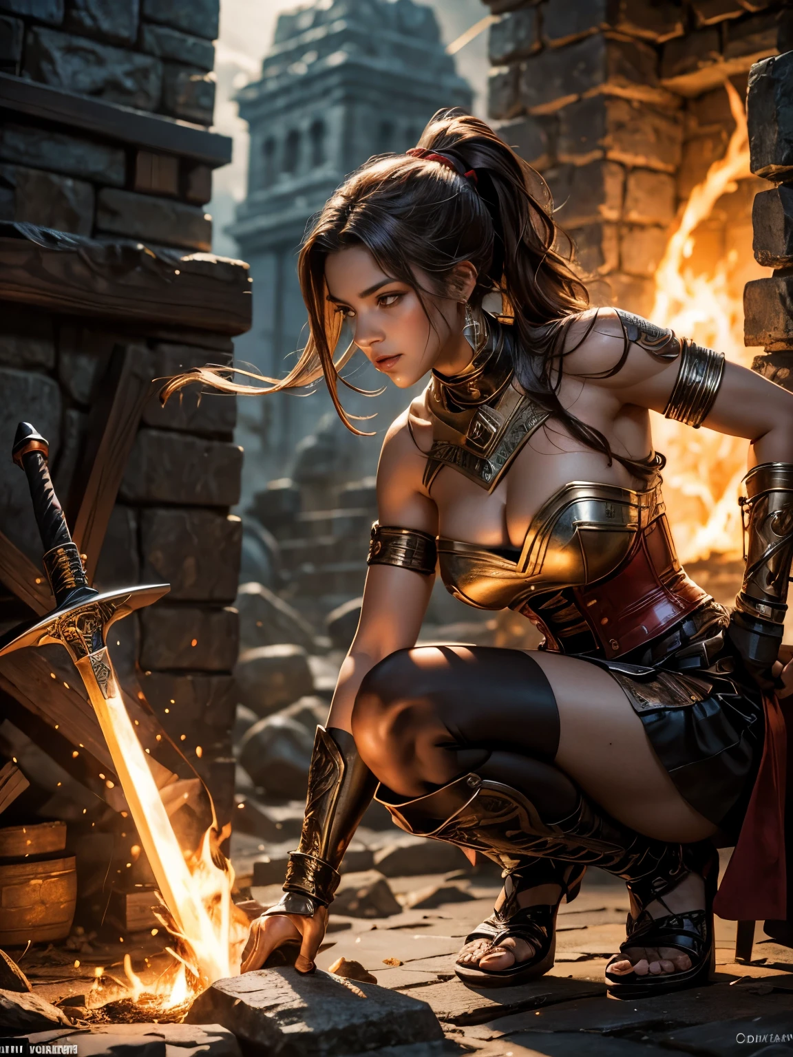 "Create a hyper-realistic image of Benedetta from Mobile Legends, engaged in an intense battle. She should be depicted mid-action, with her signature weapon, the Alecto: Final Blow, glowing with energy. The background should feature a war-torn landscape, with debris and sparks flying around. Her expression should be fierce and determined, showcasing her agility and strength. The image should capture the dynamic motion and vivid details of her armor and the environment, emphasizing the intensity of the fight."