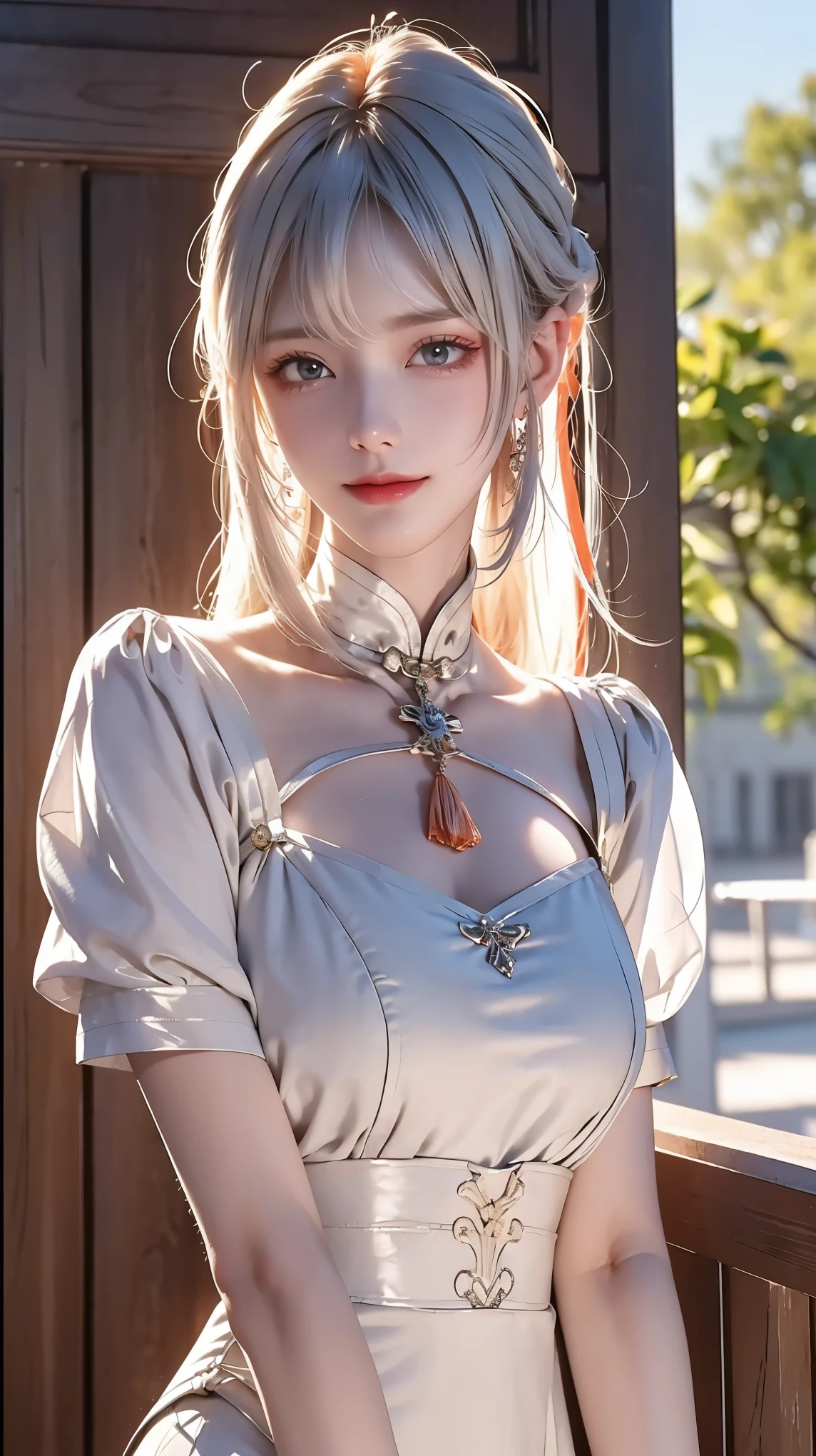 ((masterpiece)),((highest quality)),high resolution,Perfect light,Dusty(future), A woman, , Orange eyes, View your audience, Show your shoulders,White Dress,Large chest, Redhead, Striped hair, White hair, Charming smile, Remove from front, Cowboy shooting, Arms Crossed,