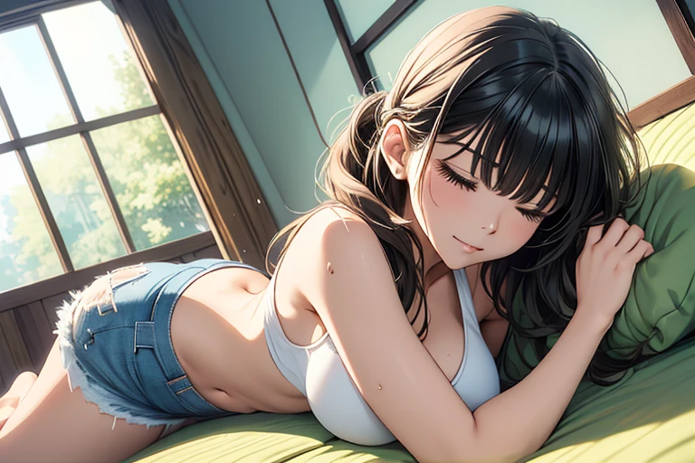 inside the bedroom、(super flat, flat shading, flat color:1.1)、An illustration、(One boyish Asian woman)、(cute:1.2)、so beautiful、cheeks are red、(high detail skin: 1.2)、Photorealistic anime rendering、Realistic anime 3D style、beautiful brown hair、intense black eyes、strong eye highlights、(Medium chest)、perfect anatomy、hair is dirty、(sweaty)、Pale pink underwear、spread your legs、sit on the bed、cinematic lighting、watercolor painting、hair band、frills,