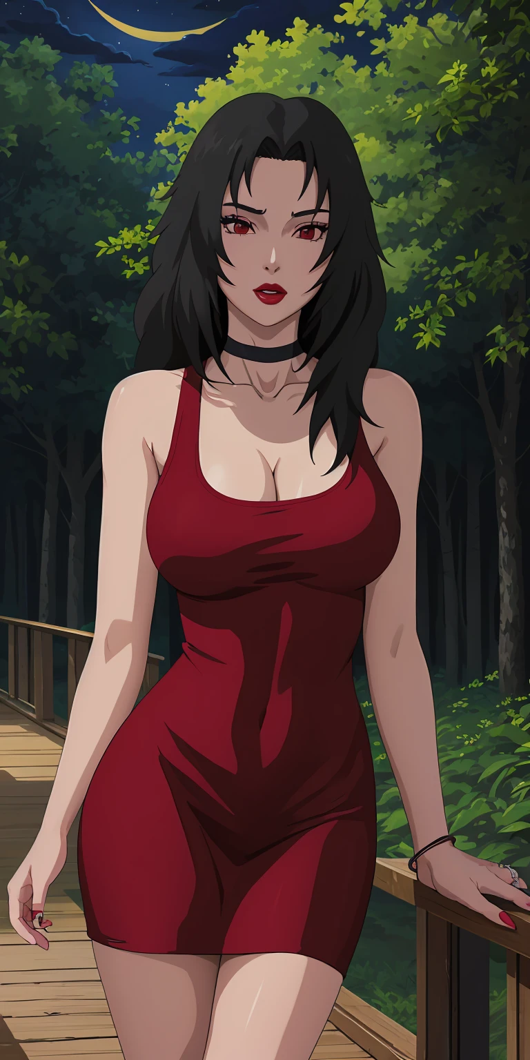 masterpiece, best quality, extremely detail 8k cg, high resolution, 1girl, mature female, RedTankTop_KurenaiYuhi_ownwaifu, 1girl, black hair, long hair, lipstick, makeup, red eyes, red lips, medium breasts, lips, cleavage, red dress, short dress, collarbone, tank top, bare shoulders, wedding ring, choker, collarbone, titsonastick, beautiful face, night time, konohavillage, outdoors, forest