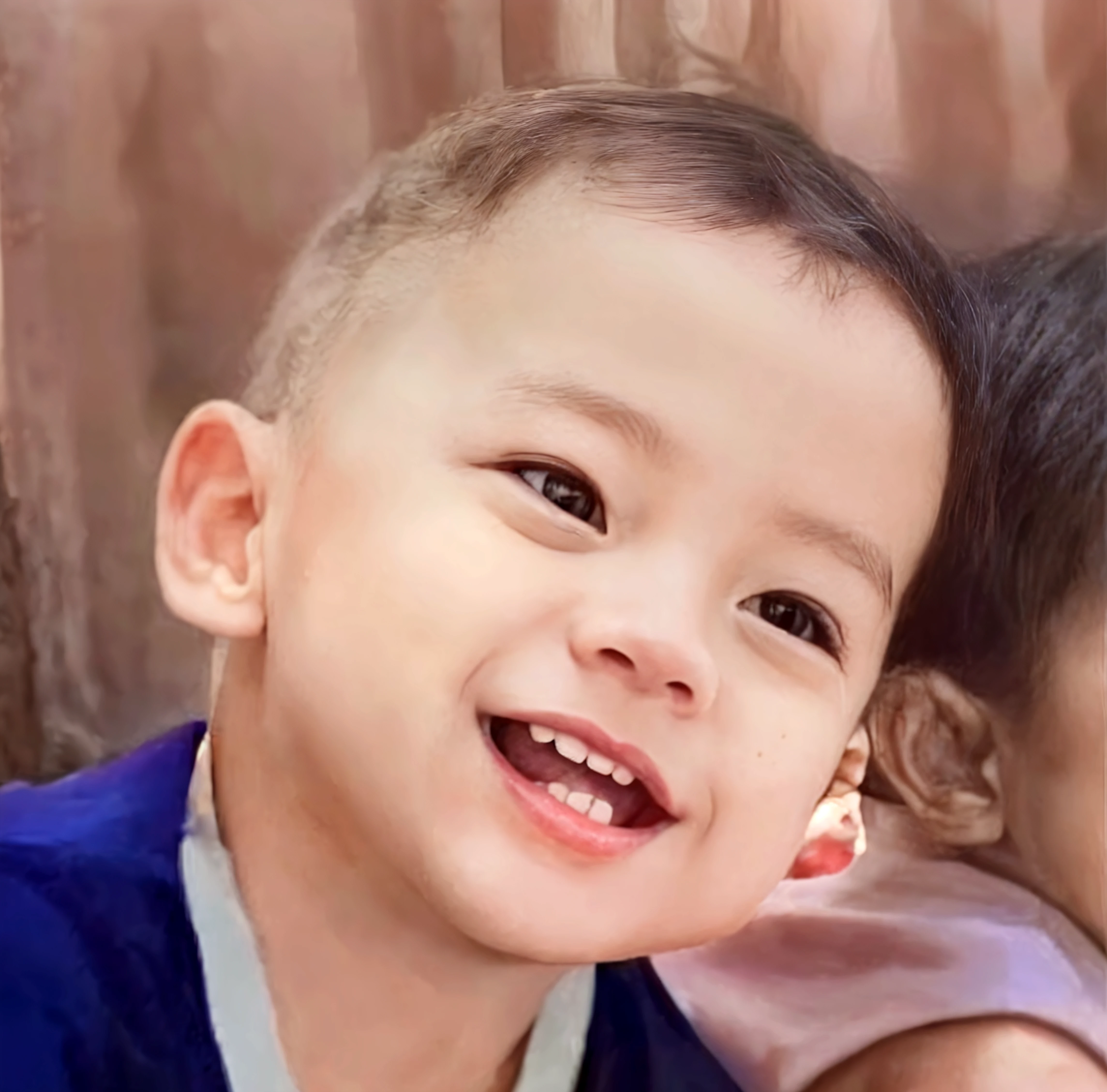 ((masterpiece), (best quality), (raw photo), (photorealistic:1.4), Highly realistic photo, Portrait of a vietnamese , 1 year old, A few strands of baby hair, bald head, bright eyes, wearing a blue collarless t-shirt,The light from above shines down, (dark blue background), photo taken in 1975 by Fujifilm XT3
