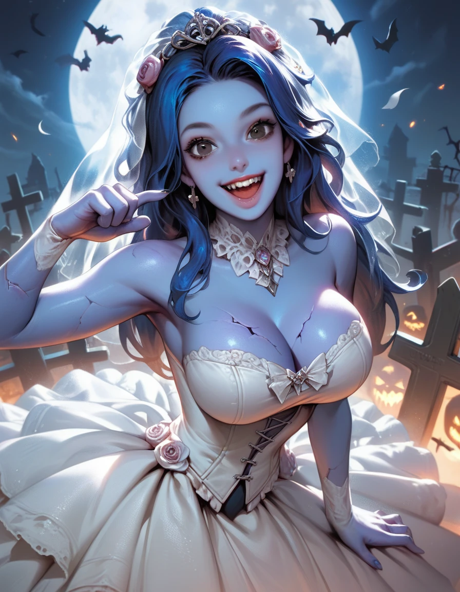 score_9, score_8_up, score_7_up, 1girl, squeezing, looking at viewer, cowboy shot, detailed background, dynamic pose, dynamic angle, cute pose, graveyard, moon, night, from above, happy, dancing, EmilyXLP, colored skin, blue skin, black eyes, long hair, makeup, blue hair, wedding dress, bridal veil, cleavage, narrow waist, cracked skin, monster girl, zombie, cartoon, large breasts, realistic, realism
