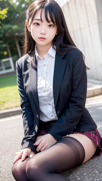 Ulzzang - 6500 - V1.1, (RAW Photos:1.2), (Photorealistic), (Genuine: 1.4), A woman wearing a skirt and jacket is sitting on the floor, hyper現実的なHigh school girl, a hyper現実的なHigh school girl, かわいいHigh school girl, 現実的なHigh school girl, wear Japanese School Uniform, Japanese School Uniform, High school girlの格好をした, Japanese girls uniform, wear school uniformいる, wear , (Ultra-realistic pantyhose:1.3), High school girl, Pose, Girl in uniform