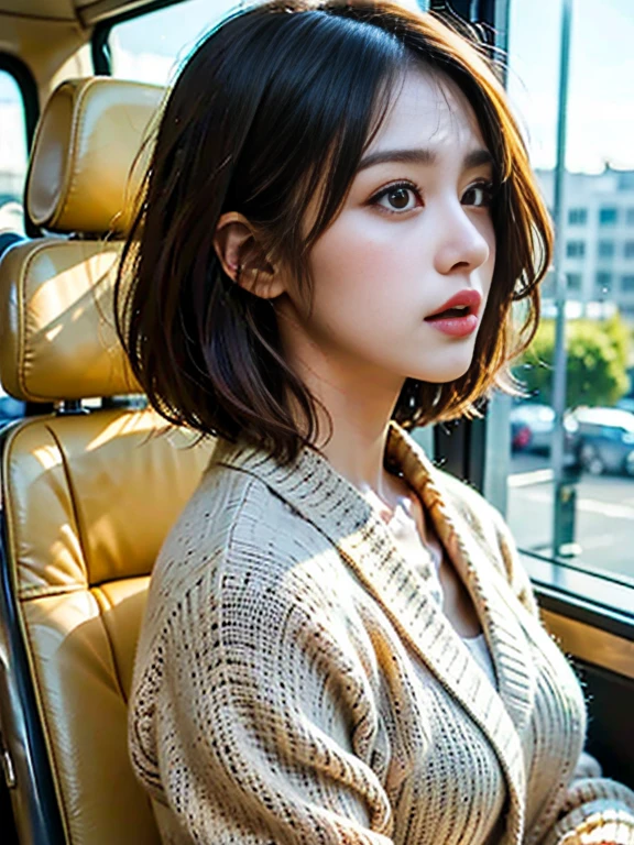 ((atmospheric perspective, masterpiece, anatomically correct, textured skin, high details, high quality, 16k,)), Perfect Face, Japanese、28 years old、woman、Bright light brown hair、She is wearing a beige pantsuit and a scarf、profile、Take the bus、Looking out the window、Sad face、Cowboy Shot、