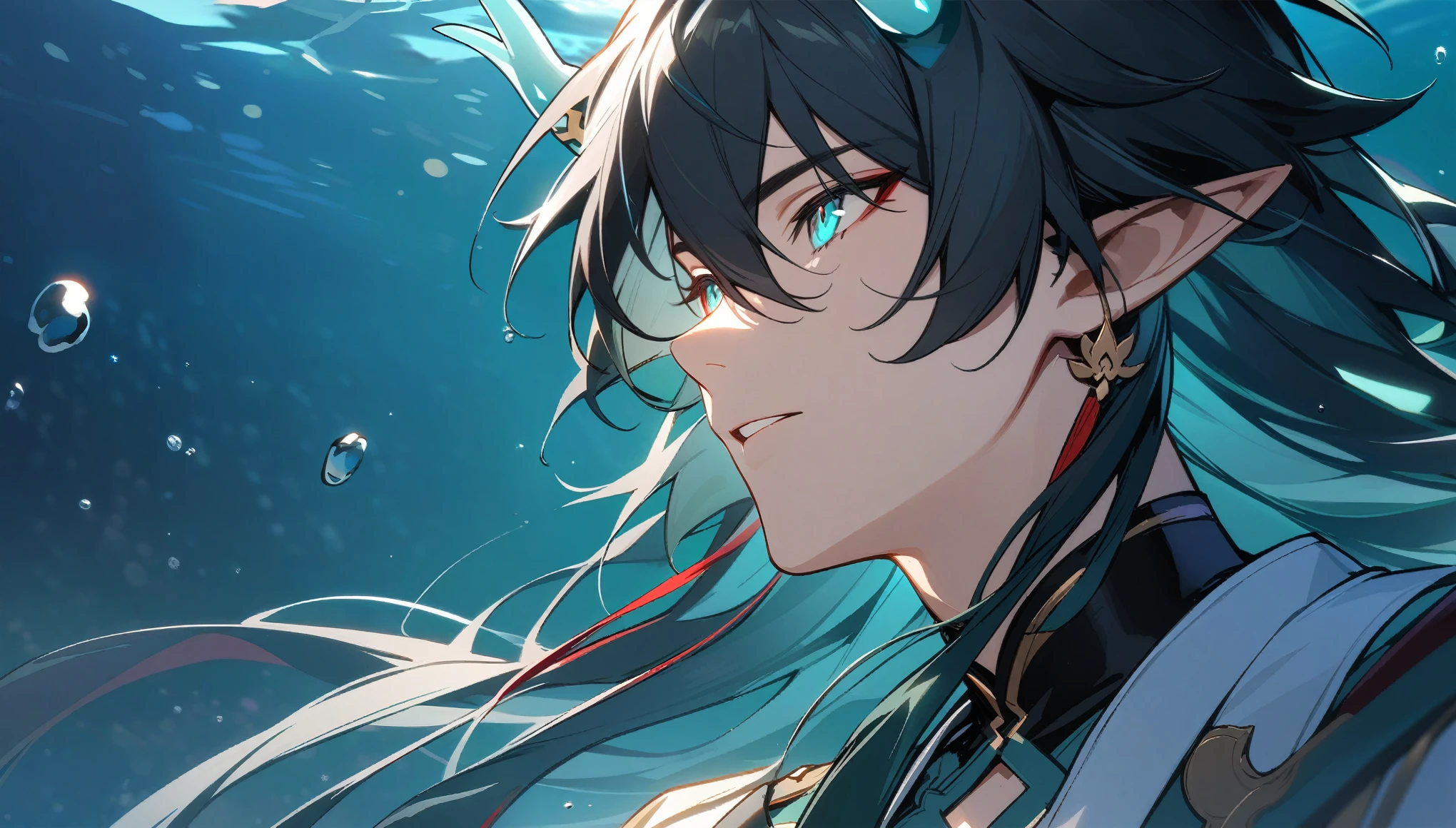 1boy, dan heng, imbibitor lunae, dan heng IL, honkai star rail, elf ears, long hair, black hair, horns, underwater, dark green background, hd eyes, close up, dynamic angle, facing left, (beautiful and aesthetic:1. 5), best quality, high quality,  super detail, best quality, ultra-detailed,dynamic lighting, HD,