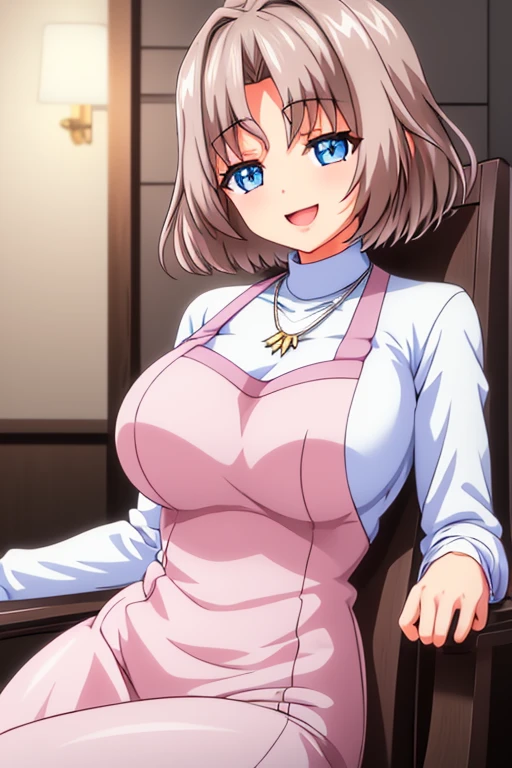 beautiful detailed eyes, beautiful and detailed lips, Extremely detailed eyes and face, body from knees up, long eyelashes, 1 girl, anime girl, adult woman, Beautiful woman, short hair, light brown hair, big breasts, blue eyes, happy, smiling, open mouth, slim body, shiny skin, Sitting on a chair, crossed legs, White long sleeve t-shirt, Pink apron, necklace on the neck, Background of a restaurant (best quality, 4k, 8K, high resolution, masterpiece: 1.2) anime style, Style 2d, ultra detailed, bright colors, professional