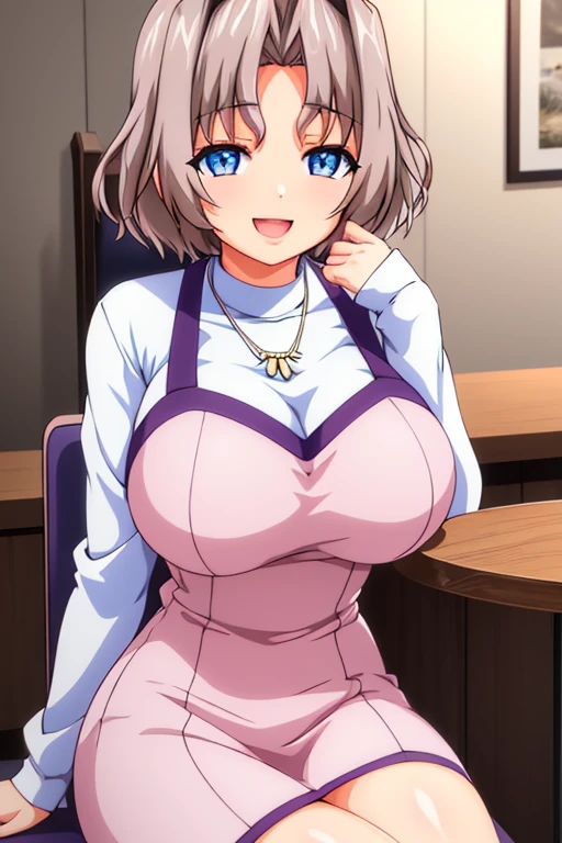 beautiful detailed eyes, beautiful and detailed lips, Extremely detailed eyes and face, body from knees up, long eyelashes, 1 girl, anime girl, adult woman, Beautiful woman, short hair, light brown hair, big breasts, blue eyes, happy, smiling, open mouth, slim body, shiny skin, Sitting on a chair, crossed legs, White long sleeve t-shirt, Pink apron, necklace on the neck, Background of a restaurant (best quality, 4k, 8K, high resolution, masterpiece: 1.2) anime style, Style 2d, ultra detailed, bright colors, professional