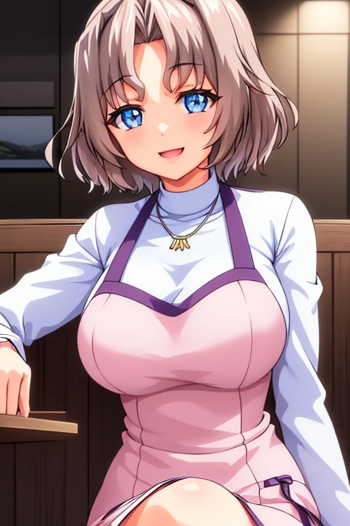 beautiful detailed eyes, beautiful and detailed lips, Extremely detailed eyes and face, body from knees up, long eyelashes, 1 girl, anime girl, adult woman, Beautiful woman, short hair, light brown hair, big breasts, blue eyes, a closed box, happy, smiling, open mouth, slim body, shiny skin, standing, crossed legs, White long sleeve t-shirt, Pink apron, necklace on the neck, Background of a restaurant (best quality, 4k, 8K, high resolution, masterpiece: 1.2) anime style, Style 2d, ultra detailed, bright colors, professional