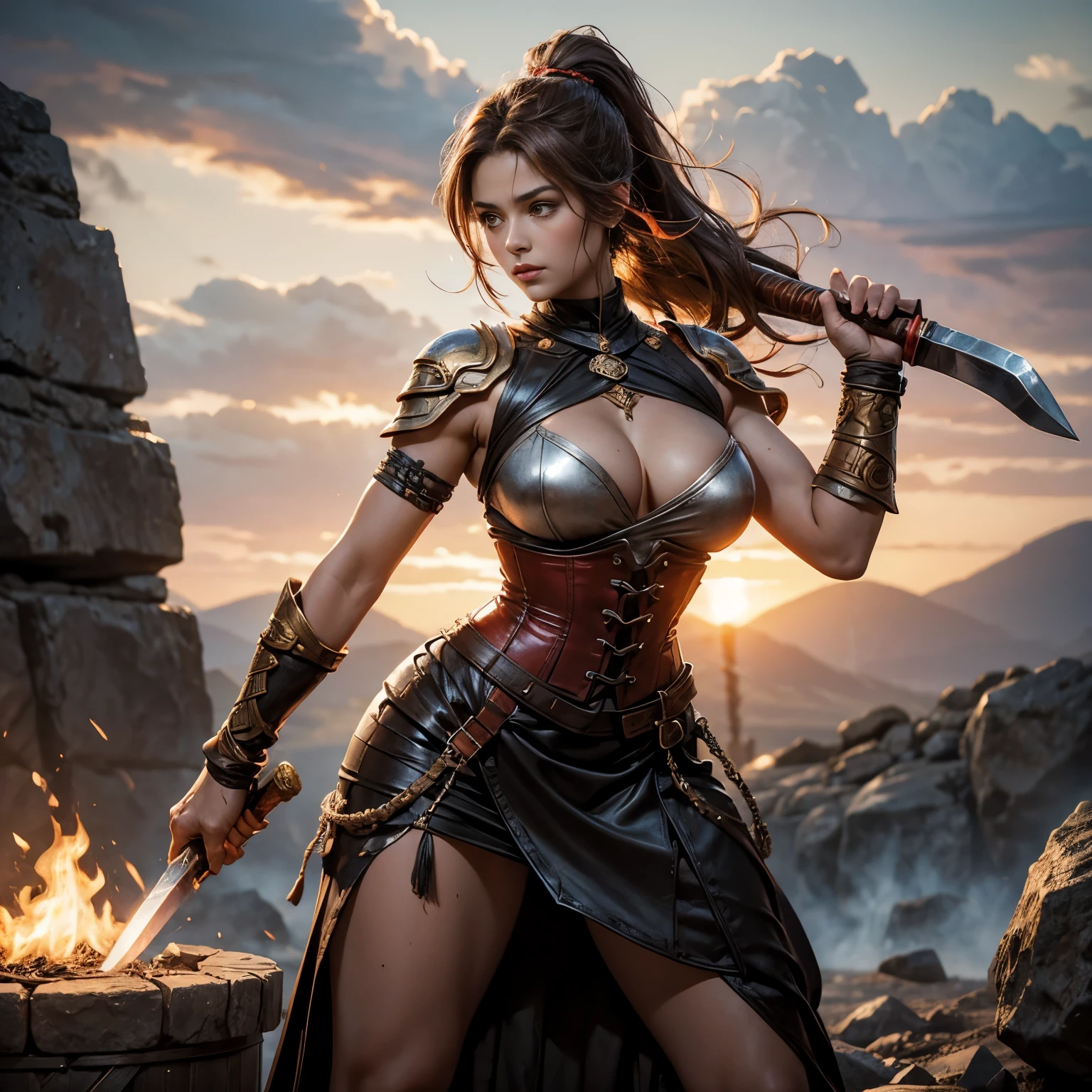 (highest quality,8K,masterpiece),
dynamic shot,Indian warrior,Pose with movement,dynamic pose,
perfect face,realistic skin,perfect hands,
big breasts,
black armor,Detailed details,intricate details,
professional lighting,
