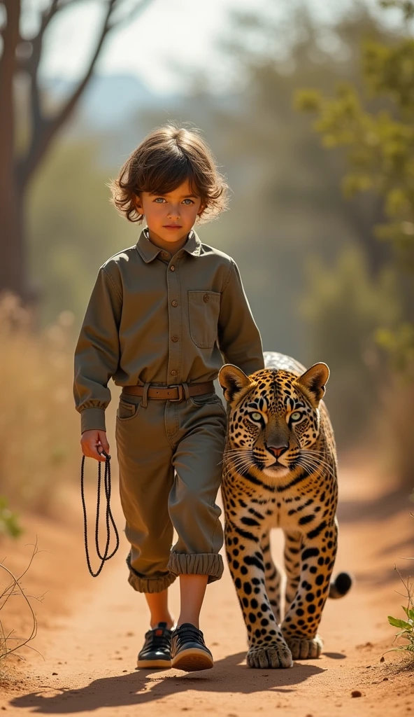 realistic photo, baby with a leopard on a leash, blue eyes, leopard, clothing model, runway walk, elegant, professional, best quality, Superior Quality, 8K, great art, ultra detailed, perfect lighting, professional photoshoot, focusing the lens, depth of field, high-defintion:1.2, Cinematic mode. africa theme country