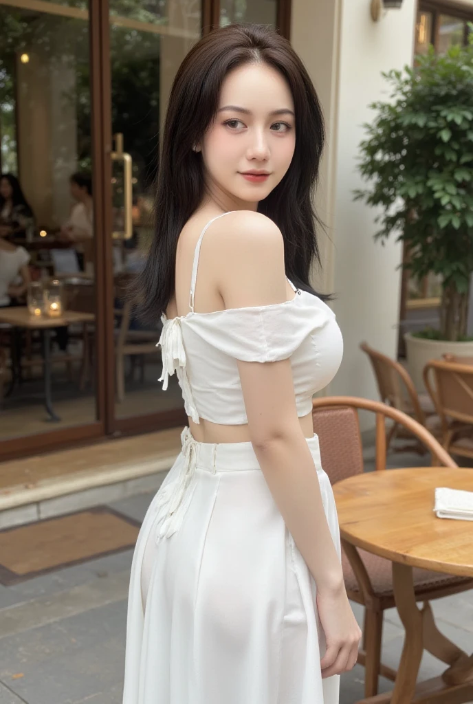 photography, Model photo shoot, Perfect body, Hips, Shot from behind, Denim shot of a beautiful Asian woman wearing a white off-shoulder shirt and white skirt standing outside a cafe, She is posing, She wears beautiful lipstick, Outdoor