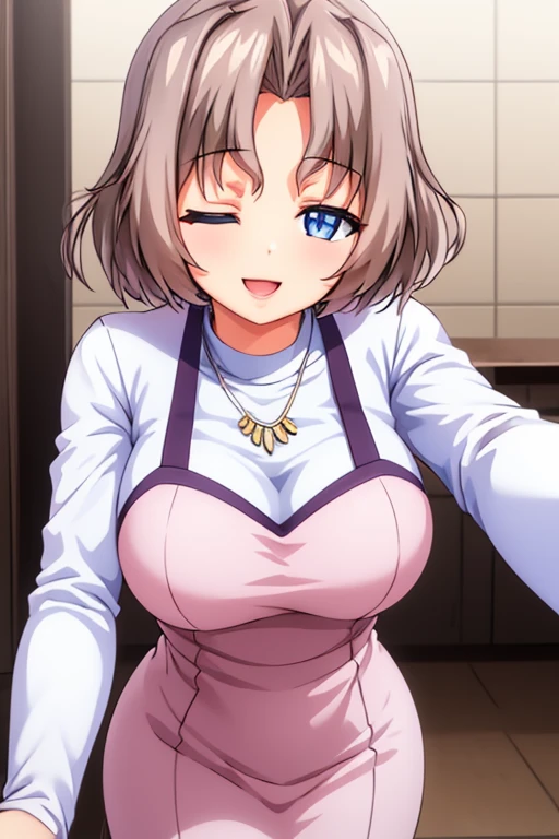 beautiful detailed eyes, beautiful and detailed lips, Extremely detailed eyes and face, body from knees up, long eyelashes, 1 girl, anime girl, adult woman, Beautiful woman, short hair, light brown hair, big breasts, blue eyes, one eye closed, happy, smiling, open mouth, slim body, shiny skin, standing, White long sleeve t-shirt, PINK DRESS, necklace on the neck, background of a restaurant (best quality, 4k, 8K, high resolution, masterpiece: 1.2) anime style, Style 2d, ultra detailed, bright colors, professional