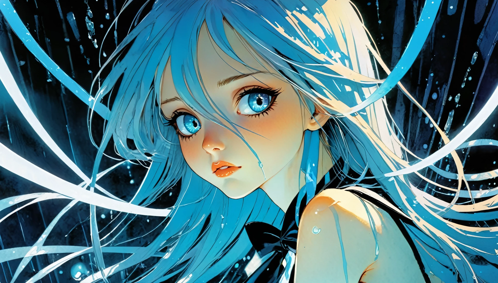 Image resolution 1024px Alice Ribbon Light Blue White, Light Line, Image resolution: 1024 pixels, Cute, cute, Long Hair, , anime, sexy, pastel, neon, Art inspired by Bill Sienkiewicz and Dave McKean, Tears flowing、Shining Eyes、Detailed Background