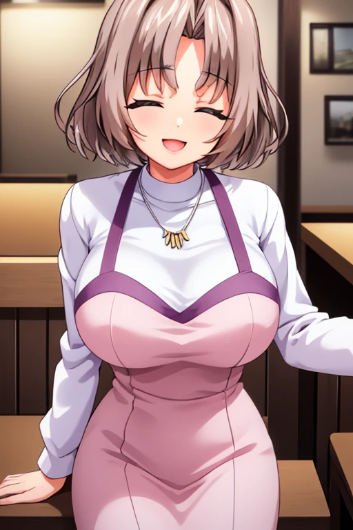 beautiful detailed eyes, beautiful and detailed lips, Extremely detailed eyes and face, body from knees up, long eyelashes, 1 girl, anime girl, adult woman, Beautiful woman, short hair, light brown hair, big breasts, eyes closed, happy, smiling, open mouth, slim body, shiny skin, standing, White long sleeve t-shirt, PINK DRESS, necklace on the neck, Background of a restaurant (best quality, 4k, 8K, high resolution, masterpiece: 1.2) anime style, Style 2d, ultra detailed, bright colors, professional