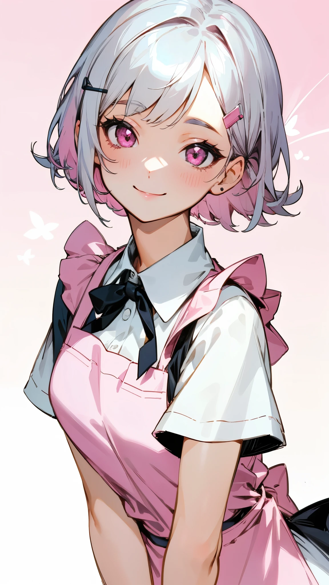 １girl、Extra long silver hair tied into a bun with a hairpin, Pink Eyes、Smile、like very much、Pink vest、Hot Pants、Upper body close-up、Morning Cafe Terrace、Background blur, Written border depth