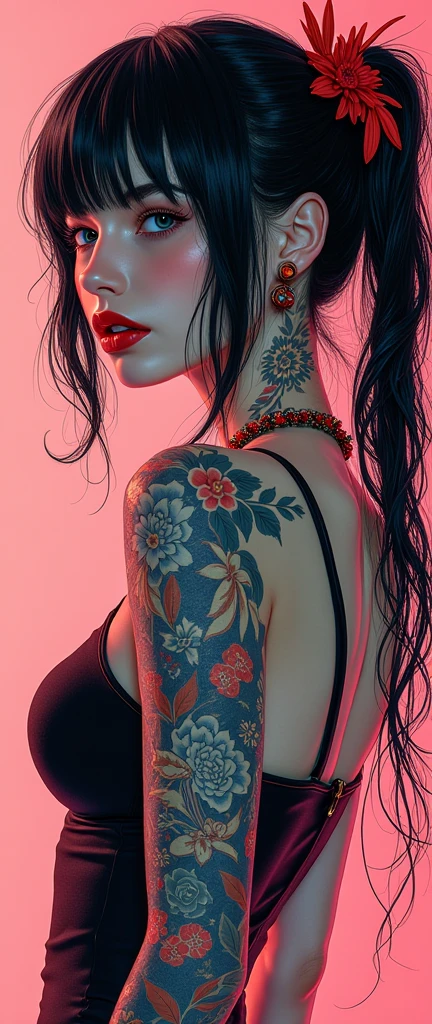 Full body tattoo、Japanese carving、Beauty、front、Wearing clothes、Shorts、shirt、