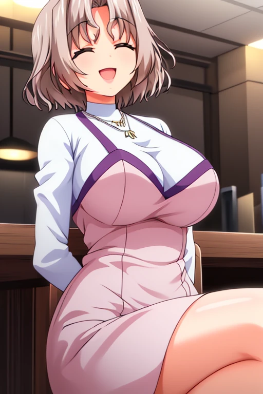 beautiful detailed eyes, beautiful and detailed lips, Extremely detailed eyes and face, body from knees up, long eyelashes, 1 girl, anime girl, adult woman, Beautiful woman, short hair, light brown hair, big breasts, eyes closed ,happy , smiling, open mouth, slim body, shiny skin, standing, White long sleeve t-shirt, PINK DRESS, necklace on the neck, Background of a restaurant (best quality, 4k, 8K, high resolution, masterpiece: 1.2) anime style, Style 2d, ultra detailed, bright colors, professional