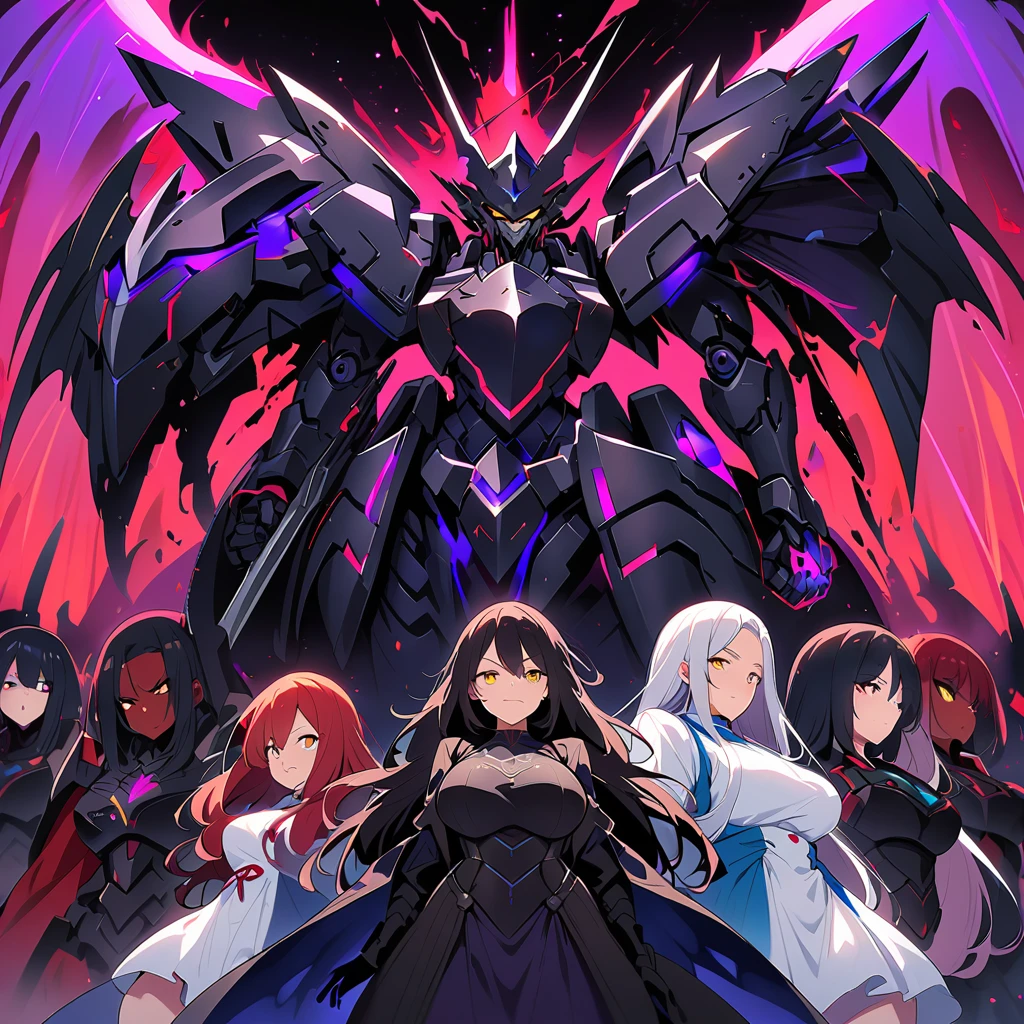 Anime, high detailed, multiple womans, mature womans, dark Ebony mecha armor, white dress ((( teared under the armor))),  large mechanical wings, evil grin, large clawed Gauntlet, red skin, curvy body, long mechanical tail,black sclera、Colored sclera、crimson Colored skin、Yellow Eyes, elongated pupils,  Mature Woman、Black-purple aura、womans surrounding