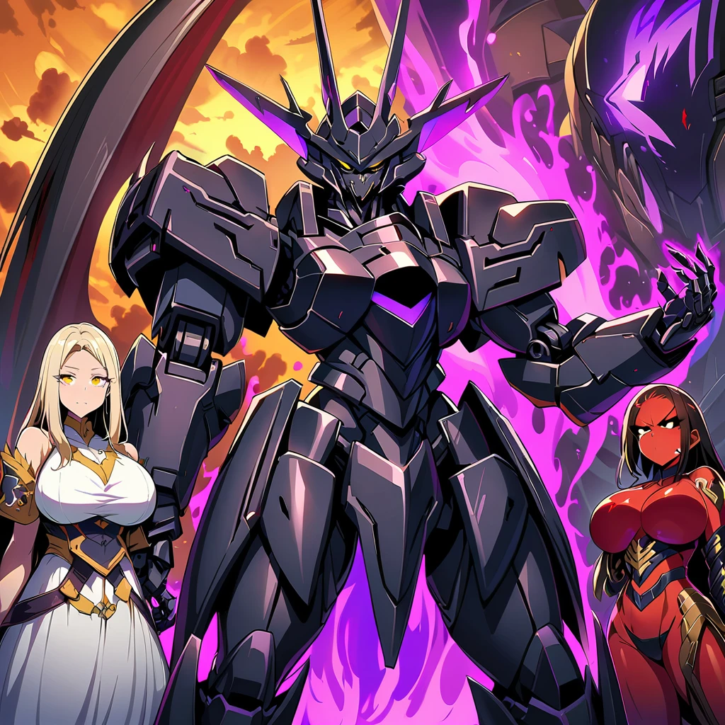 Anime, high detailed, multiple womans, mature womans, dark Ebony mecha armor, white dress ((( teared under the armor))),  large mechanical wings, evil grin, large clawed Gauntlet, red skin, curvy body, long mechanical tail,black sclera、Colored sclera、crimson Colored skin、Yellow Eyes, elongated pupils,  Mature Woman、Black-purple aura、womans surrounding