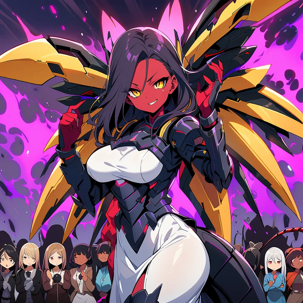 Anime, high detailed, multiple womans, mature womans, dark Ebony mecha armor, white dress ((( teared under the armor))),  large mechanical wings, evil grin, large clawed Gauntlet, red skin, curvy body, long mechanical tail,black sclera、Colored sclera、crimson Colored skin、Yellow Eyes, elongated pupils,  Mature Woman、Black-purple aura、womans surrounding