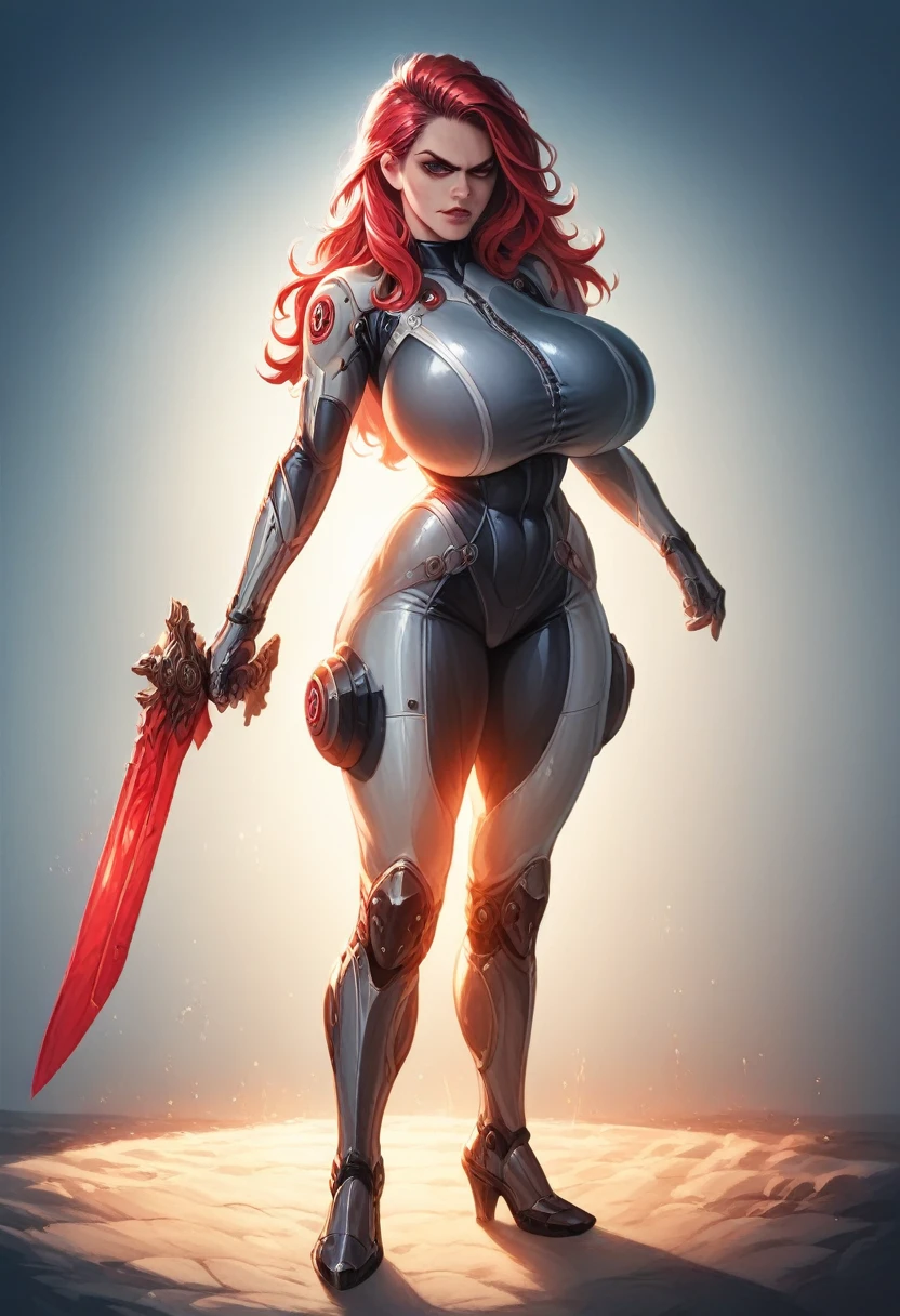 amazone, red hair, long hair, huge breasts, bearing hips, full body view, heavy space suit, she is carrying a large heavy zweihander with a dark wooden handle that is almost as big as her, two handed sword, intimidating pose, standing proudly, smilling , highly detailed, intricate details, cinematic lighting, photorealistic, 8k, hyperrealistic, dramatic shadows, dynamic pose, strong colors, vibrant palette, sci-fi, concept art, digital painting
