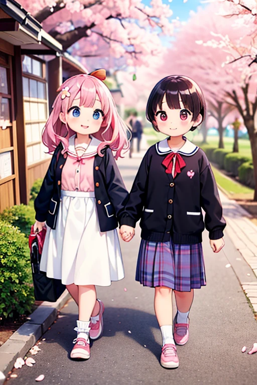 highest quality、High resolution、Detailed Background、(Detailed eyes:1.2)、10 year old beautiful girl、(Highly detailed face:1.4)、Huge breasts、Cute hair color、Cute hairstyle、
Carrying your backpack tightly、Walking energetically with small steps、
(The sight of children happily walking to school holding hands with their friends, chatting with smiles on their faces, and surrounded by falling cherry blossom petals:1.5)、
So cute!、It's soothing to watch.、
The way to school、A moment of fun、
Of girls with exciting hearts、A scene of friendship、
I can't help but smile、Such a day々In the scenery、
Watching over your little back makes me feel kind、
Because we wish for a childlike innocence and healthy growth、
A light blue uniform-style sailor dress with the hope that she will make her life better from now on.、
Stylish and clean-looking T-shirts and polo shirts with designs decorated with frills and ribbons、Skirts and culottes are suitable、Jackets and cardigans are recommended、
The design is decorated with ribbons and lace for a cute look.、Sneakers or flat shoes are recommended