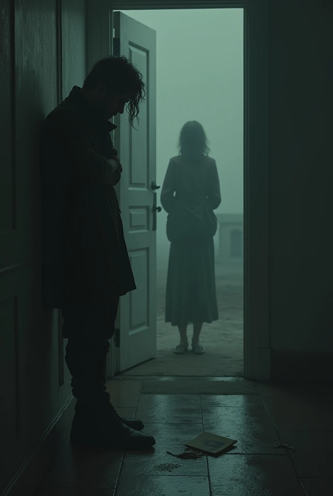 A Beautiful Woman that it is a vampire, with brown hair, wearing a black dress and lying on a door, watching a Young and Hot Man, who’s wearing hunting clothes and a camera