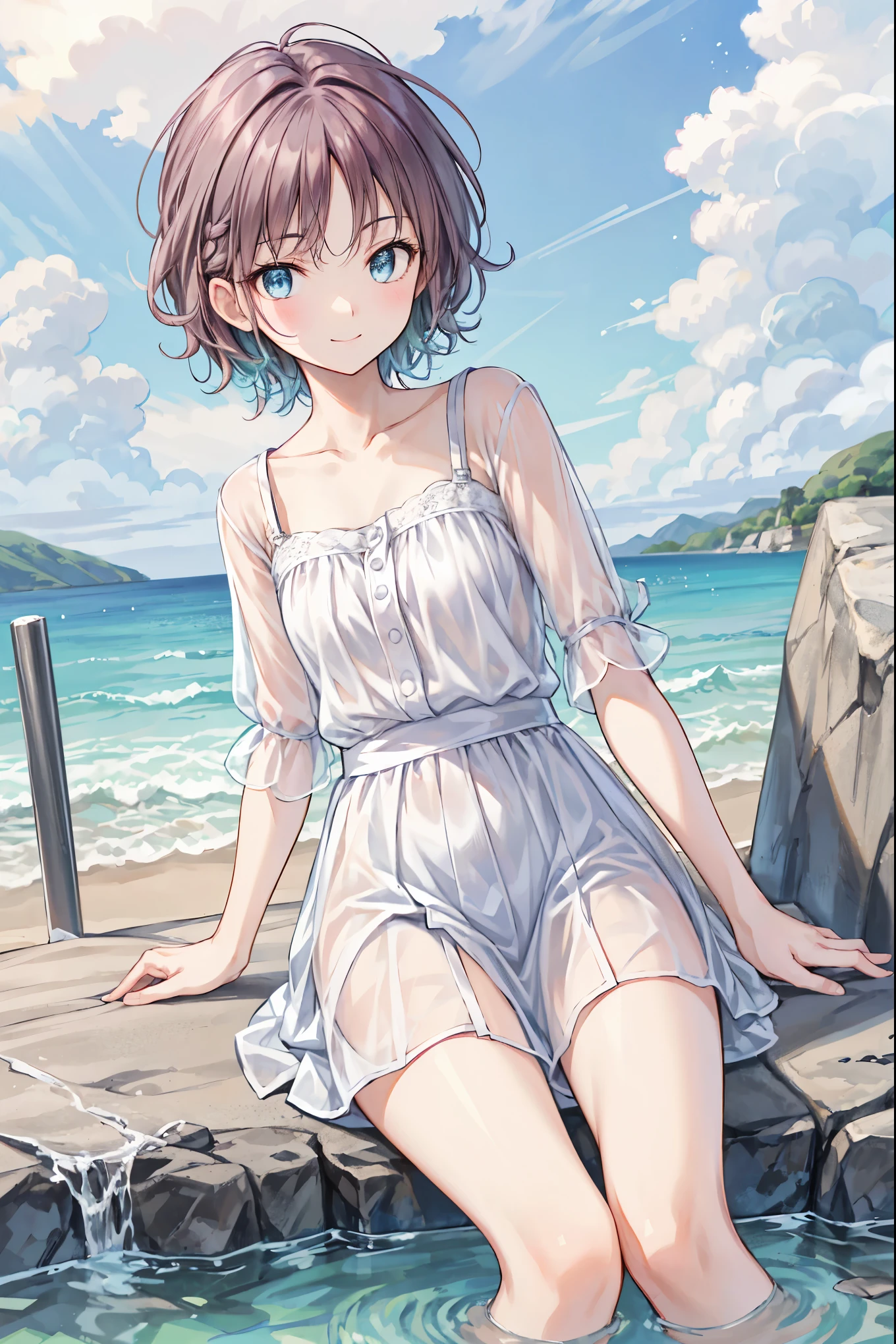 Frame-in, from the front of the face and body, look straight, whole body, high quality, very high resolution, high quality, very high resolution, pretty girl, brown hair, amount, dull bangs, bob cut, brush up bangs, (nude),((topless)), medium breasts, pale pink nipples, long skirt, upright, Are standing, smile, on the beach