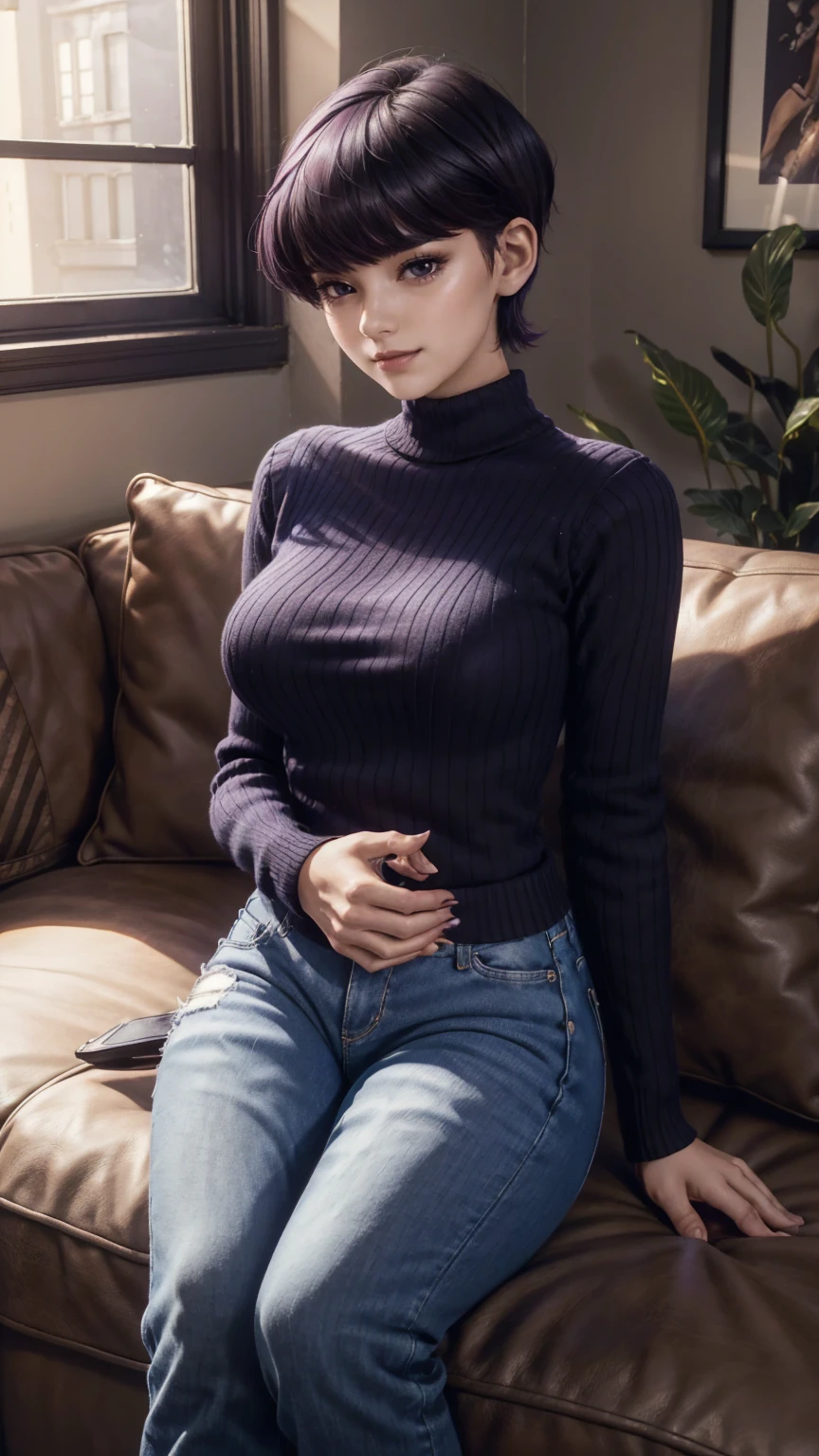 1girl, alone, komi shuuko, short hair, dark purple hair, with parting on the left side of the head, dark purple eyes, smiling, seductive, makeup, light pink lipstick, black sweater, tight long sleeve sweater, cleavage, blue jeans , tight jeans, black heels, big breasts, medium waist, medium hips, medium thighs, living room, sitting on sofa, legs crossed, night, open window, good lighting, excellent hands, excellent anatomy,