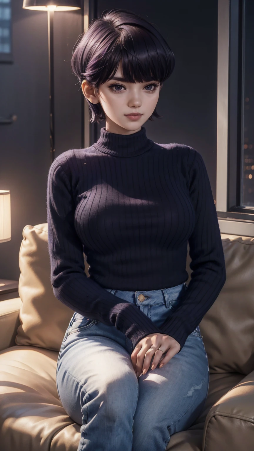 1girl, alone, komi shuuko, short hair, dark purple hair, with parting on the left side of the head, dark purple eyes, smiling, seductive, makeup, light pink lipstick, black sweater, tight long sleeve sweater, cleavage, blue jeans , tight jeans, black heels, big breasts, medium waist, medium hips, medium thighs, living room, sitting on sofa, legs crossed, night, open window, good lighting, excellent hands, excellent anatomy,