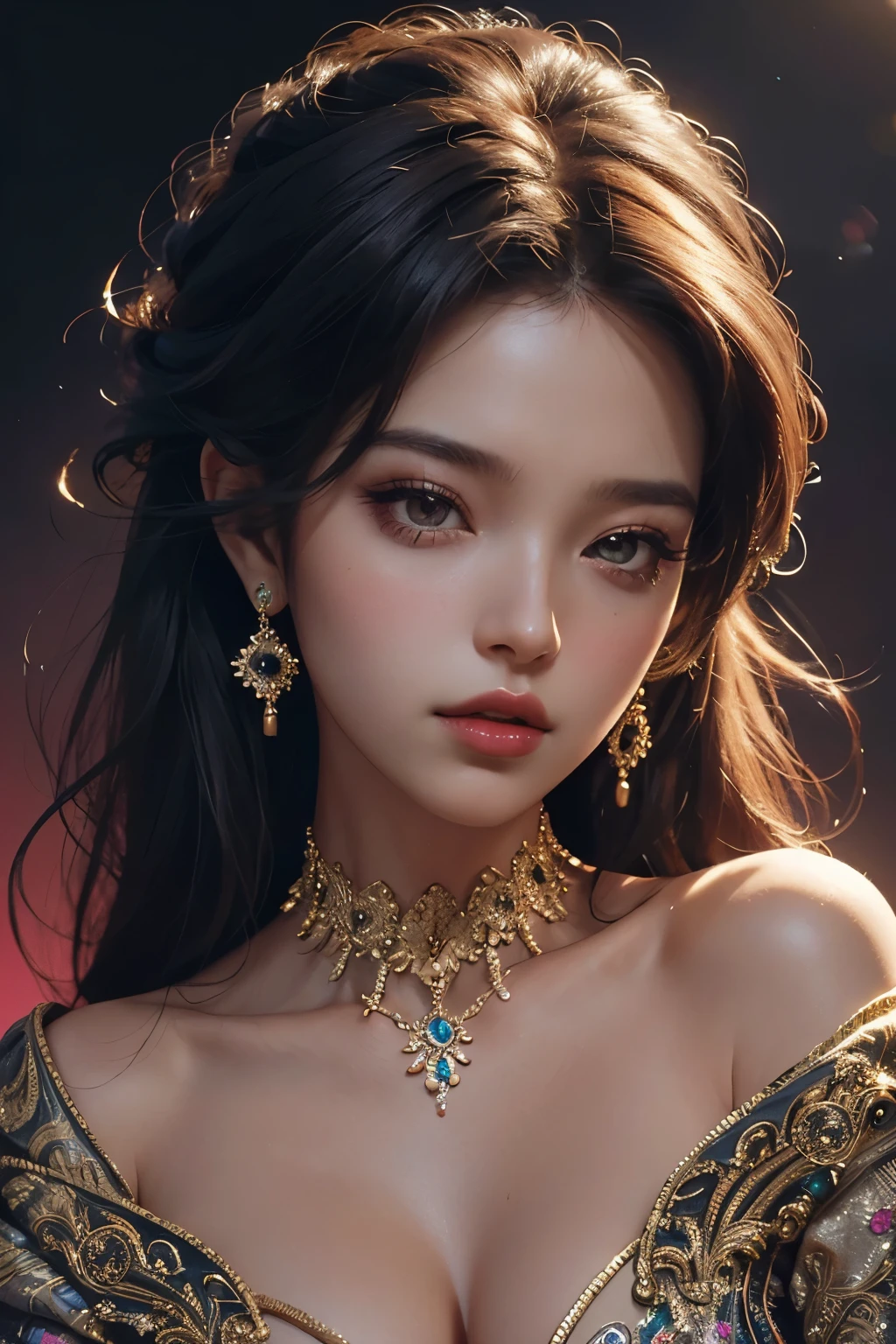 a beautiful detailed oil painting portrait of an Uzbek princess, a woman with long wavy black hair, whole oily body skin, wearing a tightly red dress, showing her sweaty armpits and big breasts, highly detailed, photorealistic, dramatic lighting, cinematic, artistically rendered, vibrant colors, intricate details, masterpiece, award-winning , whole body photo