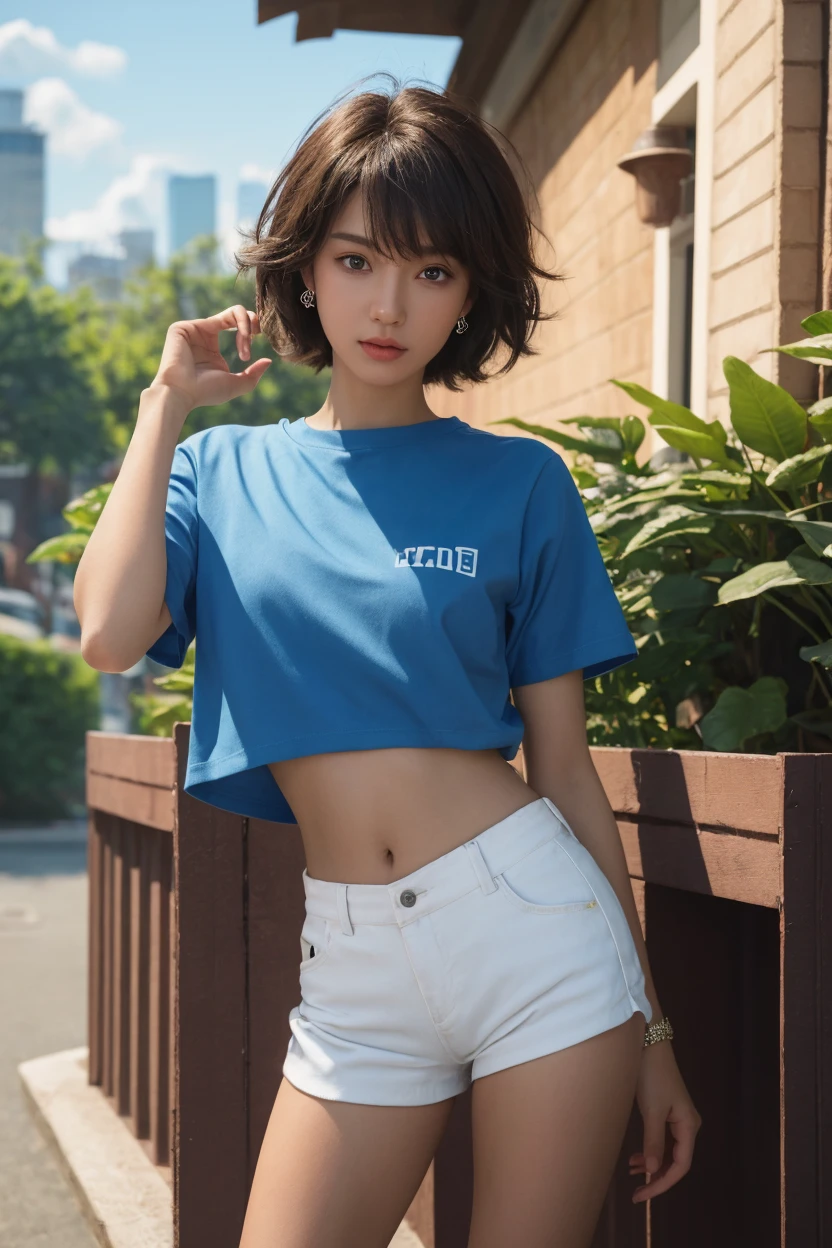 (Highest quality, 8k, 32K, masterpiece, Ultra-high resolution: 1.2), 1 girl, Beautiful Japanese Women, Cute Girl,Tight waist, Wide leg pants, Belly-baring T-shirt,  (Cute pose: 1.2), Beautiful Face, (Smile at someone you like), Hair blowing in the wind, Beautiful blue sky,Grass Park、