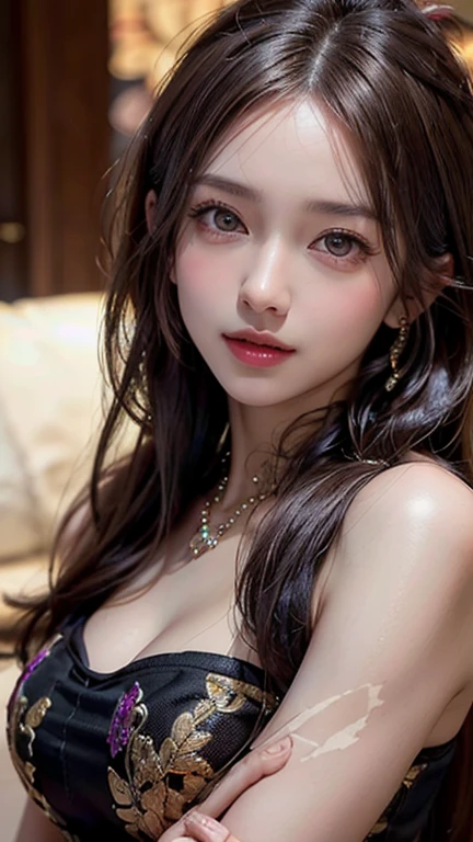 (Masterpiece, BestQuality:1.3), (ultra detailed:1.2), (hyperrealistic:1.3), (RAW photo:1.2),High detail RAW color photo, professional photograph, (Photorealistic:1.4), (realistic:1.4), ,professional lighting, (japanese), beautiful face, (realistic face), cute woman, (Brown Hair, Big Breasts:1.5), (cheerful Smile:1.5), Trending Hair&Trending Hairカラーをランダムに, earrings, necklace, bracelet, sexly, erotic sexly, Random sexy gravure poses, (((Sexy beauty in purple silk lingerie。With a seductive smile in the dimly lit bedroom、Lying in bed、Reach out and stroke your hair。:1.2), Beautiful location, (Detailed Background), Random composition)