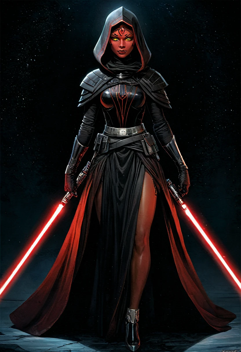 (masterpiece), (best quality), (1 girl), ((red skin: 1.8)), ((yellow eyes: 1.5)), (detailed face), full body, as sith detailed portrait, twilek, darth taron, sexy, full body tribal, cute, with red lightsaber, (wearing a black robe), black stealth armor, breastplate, tunic, tabard, cowl, cloak, body gloves, straps, buckles, skirt, long sleeves, greg rutkowski, art station, fantasy, realistic style