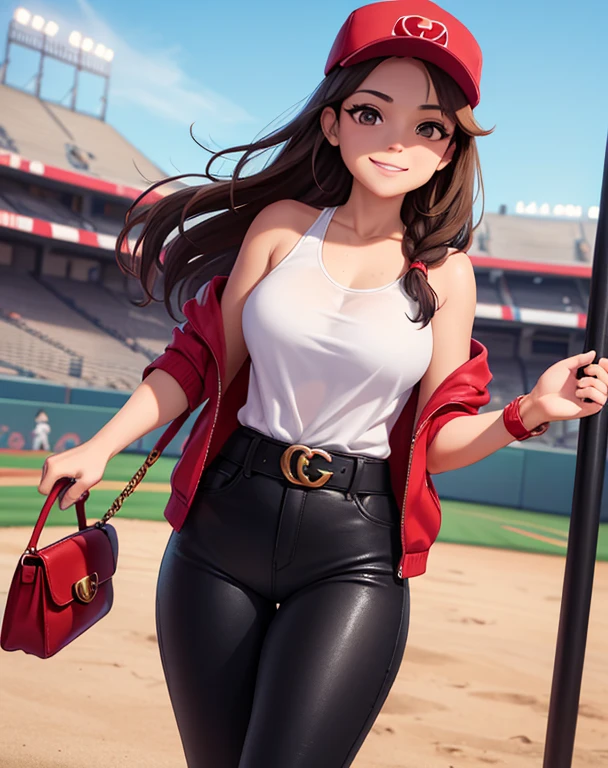 1girl, solo, wavy hair, hazel eyes, a woman in her mid 40's, she’s a Latino woman, mascara is applied to her face. (Carrying a handbag:1.3). (Wearing: Red cap, Opened jacket, tank-top, Gucci branded belt and black leather pants). There is an amused smile on her face, she’s standing. Background: outdoors, baseball stadium