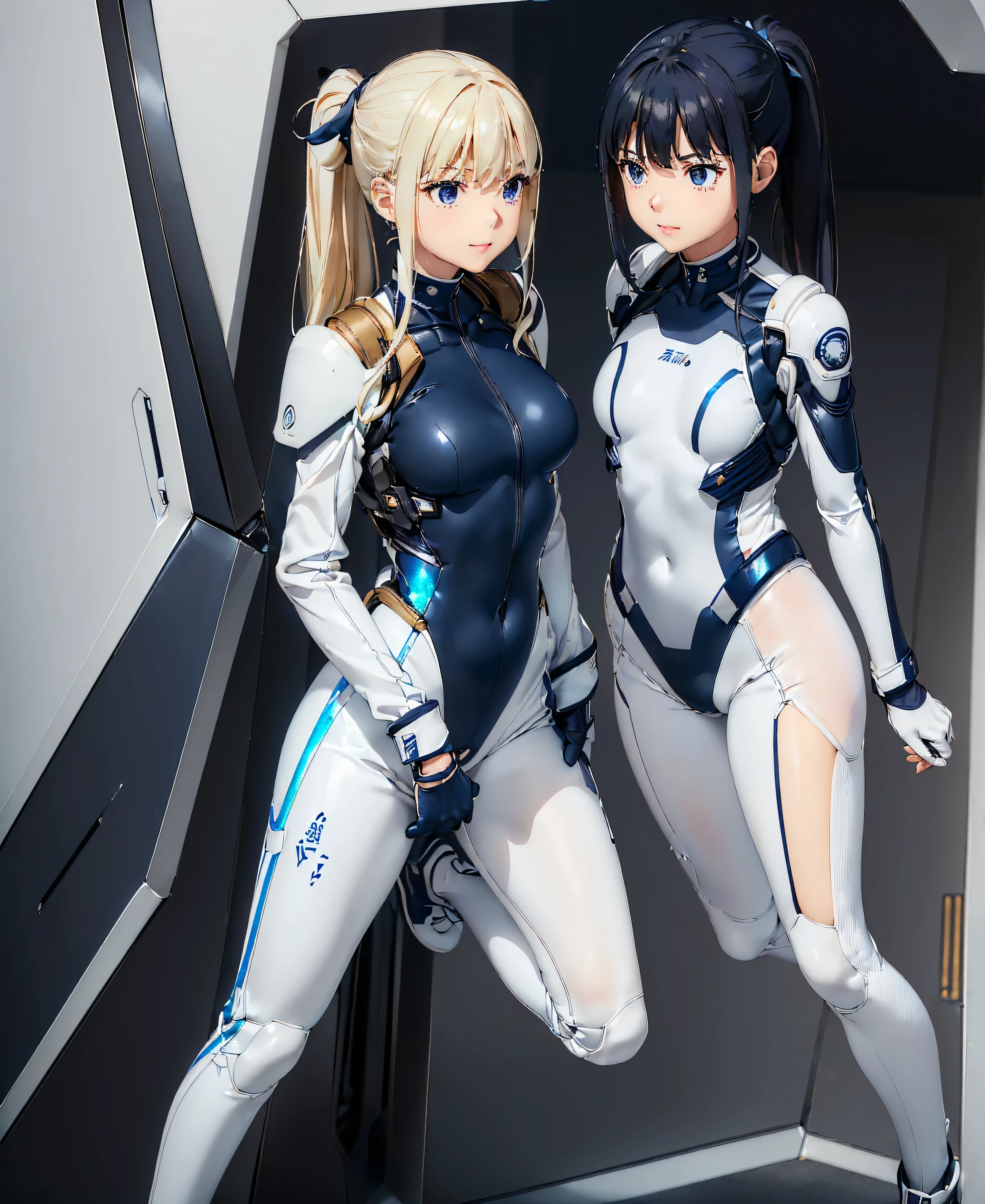 (masterpiece, highest quality, highest resolution, distinct_image, detailed details): (Solo, lone girl, short hair, face is Japan, blonde girl, full body figure, watch viewer, small size breasts, sparkling blue color eyes, pilot suit in white and blue color, tight fit clothes, clothes covering the whole body, beauty, cuteness, light smile, blush, slim body, exoskeleton, heroine, Headset, gloves, knee boots)