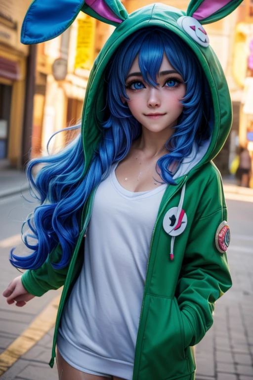 (best quality: 1.2), (high resolution, 4k, 8k), (masterpiece: 1.2), ultra detailed, (realistic, photorealistic: 1.37), yoshino astral dress, (long hair, hair between the eyes, blue hair ), mischievous and cheeky face, cinematic lighting, (big and beautiful blue eyes, bright and realistic), visible features, natural cheek, fair skin, soft lips, smile, teeth, (detailed face with perfect symmetry), facial and texture highly detailed skin, medium breasts, glowing skin, perfect anatomy, perfectly shaded body, animal hoodie, green coat, hood up, bunny hoodie, no kids clothes, (sweaty body: 1.2), sexy legs, full photo below